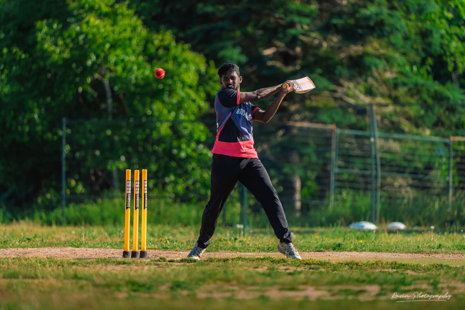 Cricket batsman playing a pull shot at the crease, Nova Scotia