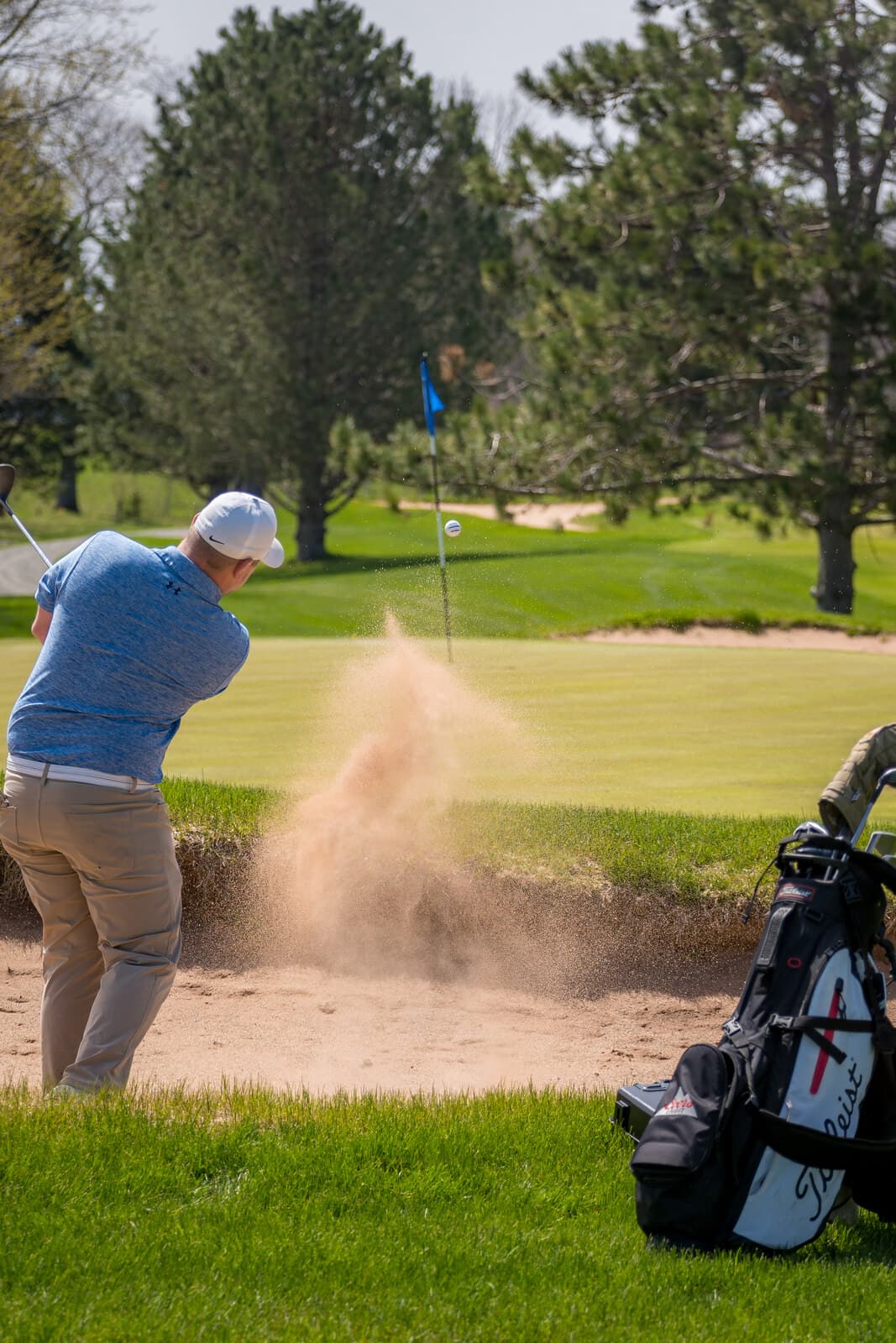 Golfer blasting out of a bunker, Avon Golf Course, Nova Scotia