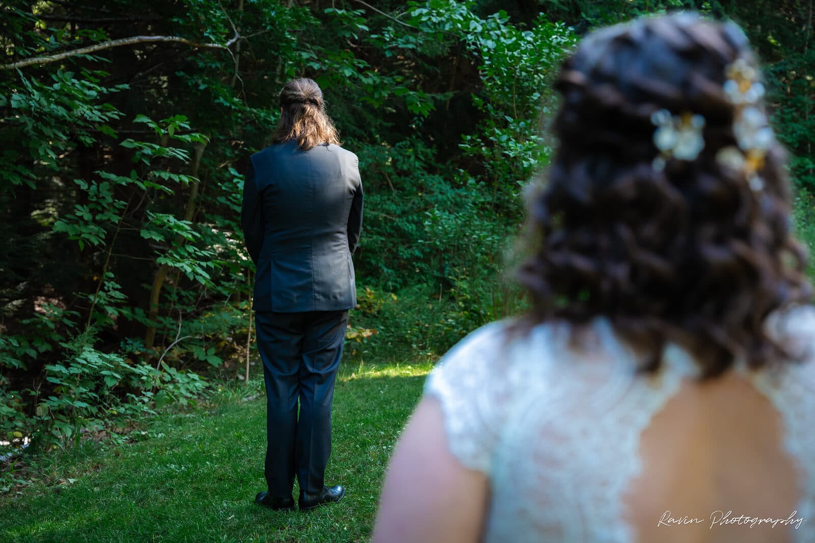 First look reaction at an outdoor woodland wedding in Nova Scotia