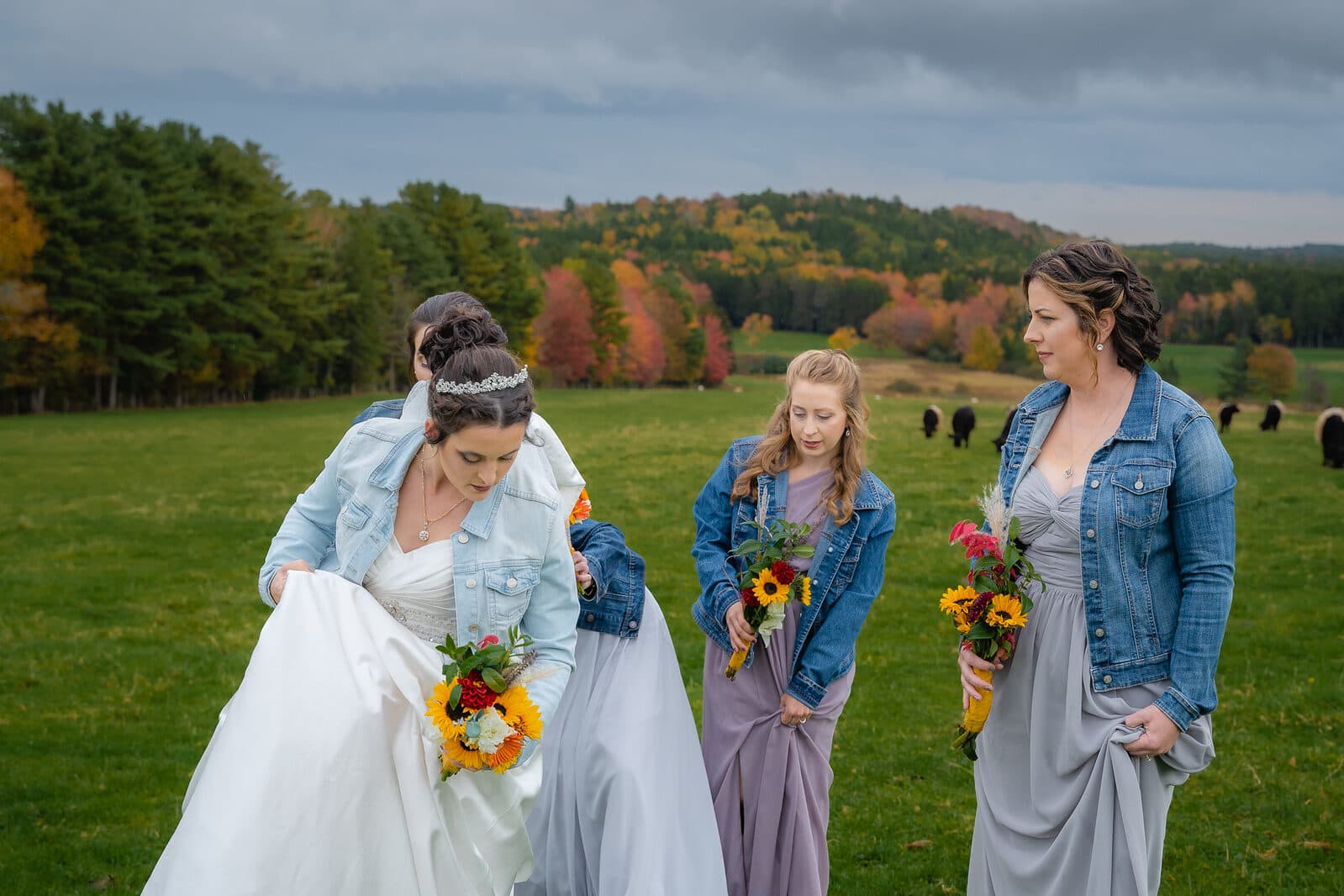 Bride with her bridesmaids in an autumn field, Nova Scotia