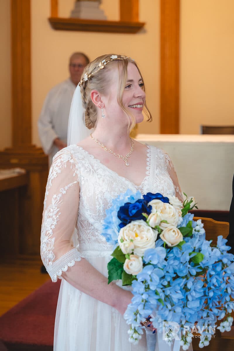 Bride portrait with hydrangea bouquet before the ceremony, Nova Scotia