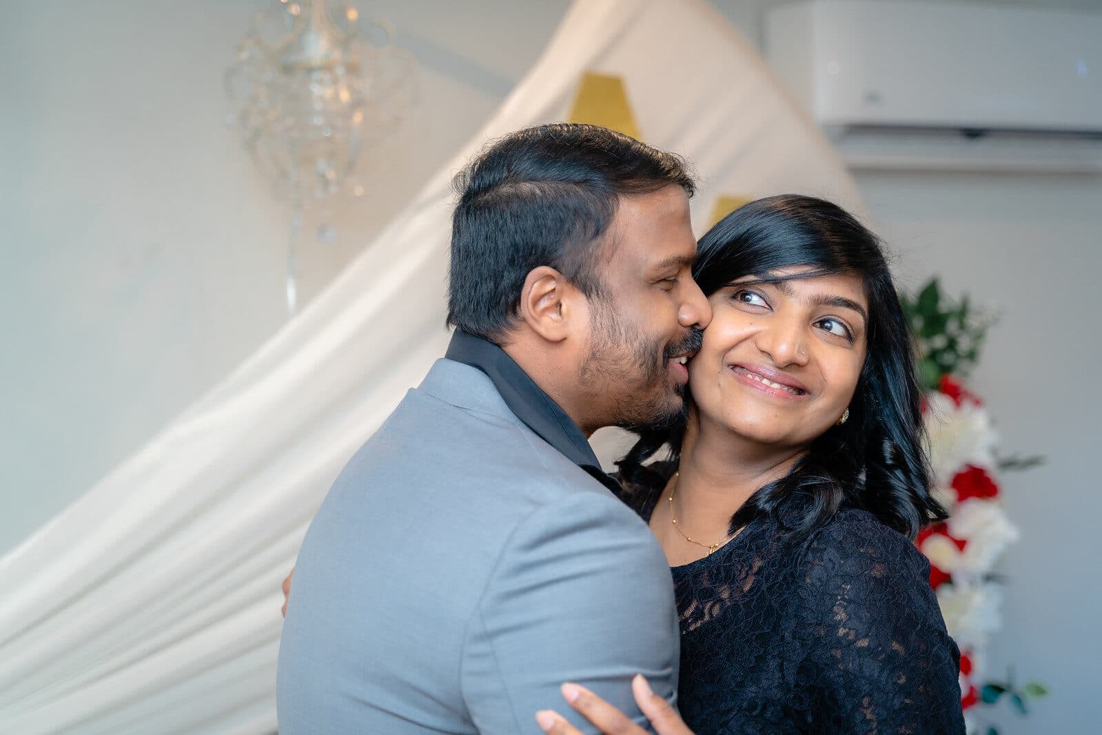 Couple dancing close at their wedding reception, editorial wedding photography