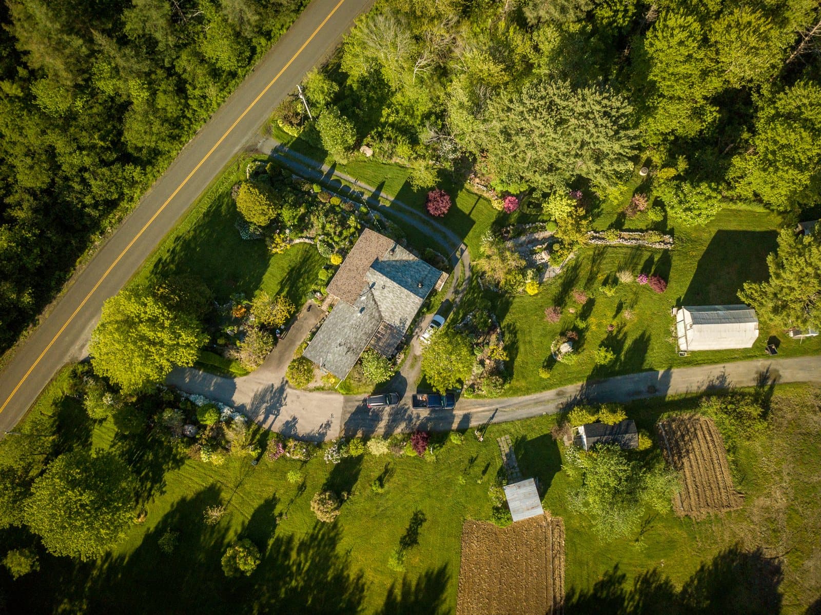 Straight-down aerial view of a rural property near Yarmouth, Nova Scotia
