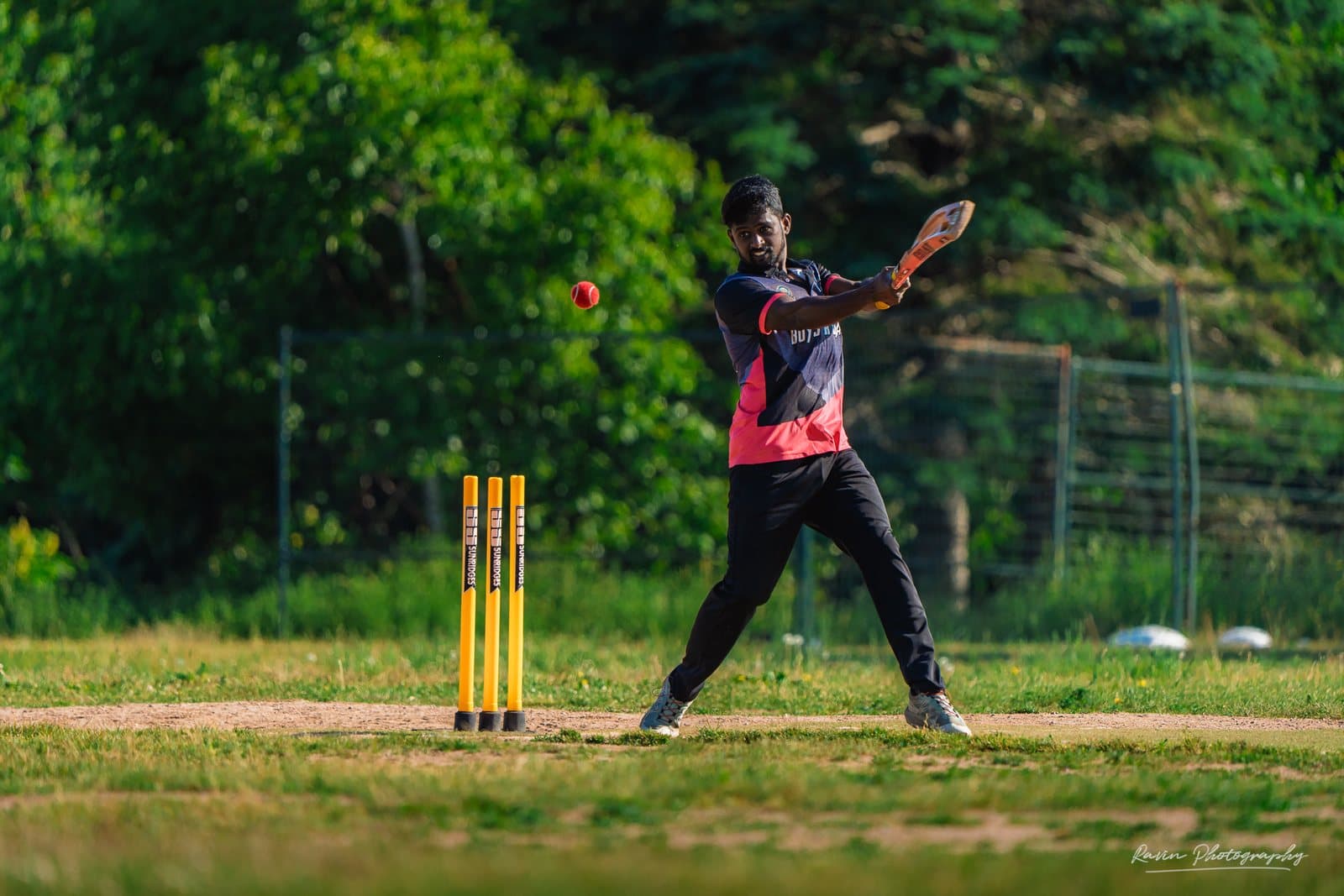 Cricket ball approaching the bat mid-swing, Halifax match
