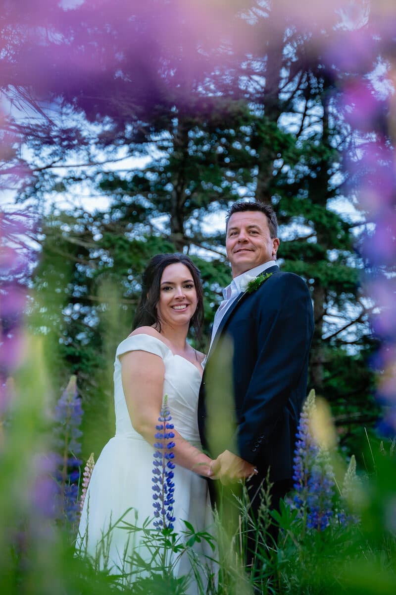 Bride and groom among wildflowers at a Nova Scotia wedding